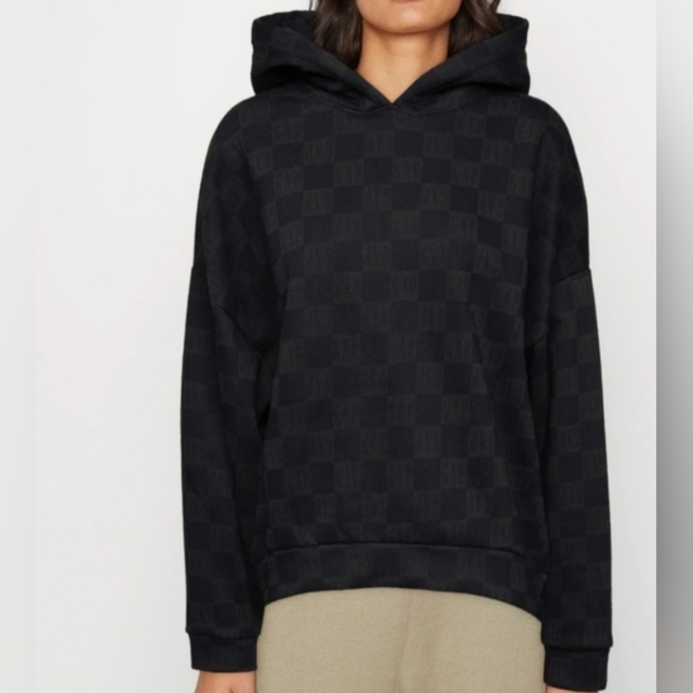 GAP Soft Hi-Low Black Hoodie Check Logo Print Women's Size L NWT